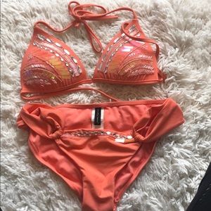 peach color 2 piece swim suite